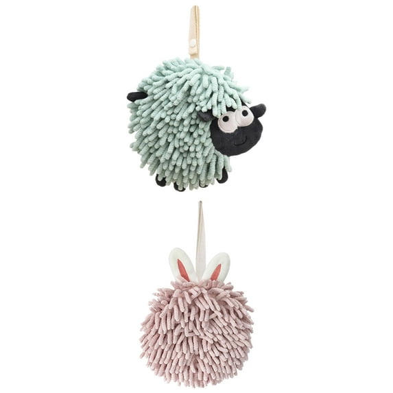 NOMADIC NOOK 2 Pack Chenille Hand Towels with Hanging Loop Cute Sheep Shape Absorbent Fast Drying Towel 7" x 7" Light Pink/Green