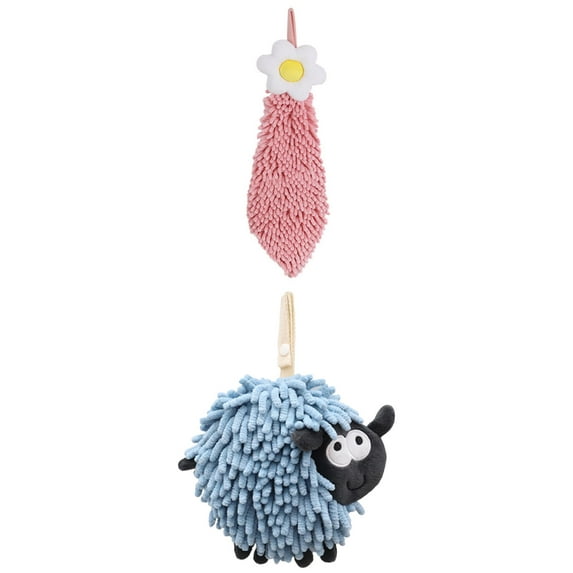 NOMADIC NOOK 2 Pack Chenille Hand Towels with Hanging Loop Flower and Sheep Shape Absorbent Fast Drying Towels 6" x 15"/7" x 7" Pink-1/Blue