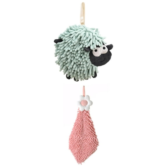 NOMADIC NOOK 2 Pack Chenille Hand Towels with Hanging Loop Flower and Sheep Shape Absorbent Fast Drying Towels 6" x 15"/7" x 7" Pink-2/Green