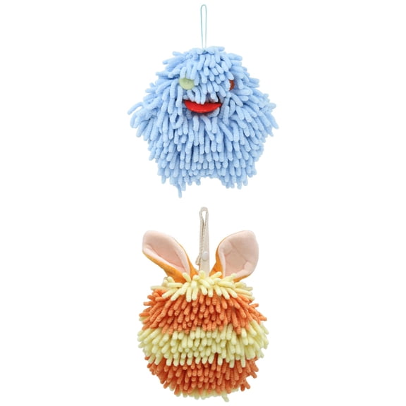 NOMADIC NOOK 2 Pack Fluffy Chenille Ball Hand Towels Rabbit Shape Cute Soft Absorbent Hanging Ball Towels 7" x 7" Blue/Orange