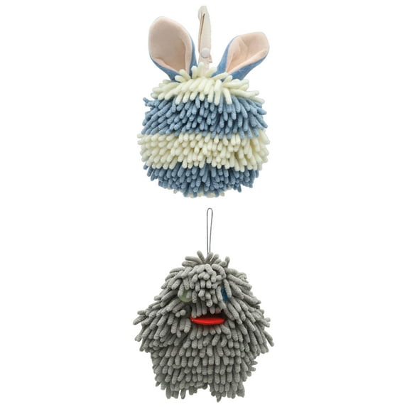 NOMADIC NOOK 2 Pack Fluffy Chenille Ball Hand Towels Rabbit Shape Cute Soft Absorbent Hanging Ball Towels 7" x 7" Grey-2/Blue