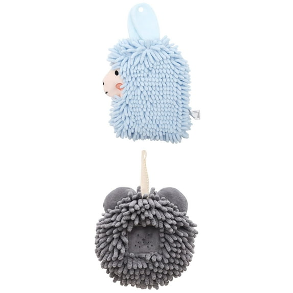 NOMADIC NOOK 2 Pack Hanging Hand Towel Absorbent Soft, Chenille Cartoon Alpaca Fuzzy Ball Bathroom Towels 7" x 7"/7" x 11" Dark Grey/Blue