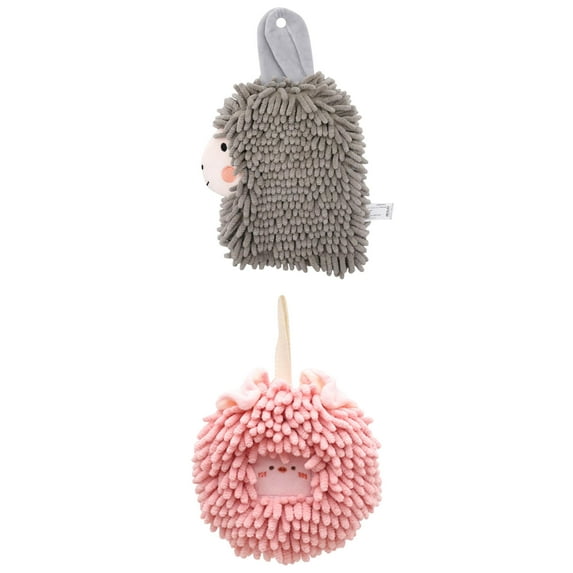 NOMADIC NOOK 2 Pack Hanging Hand Towel Absorbent Soft, Chenille Cartoon Alpaca Fuzzy Ball Bathroom Towels 7" x 7"/7" x 11" Pink/Grey