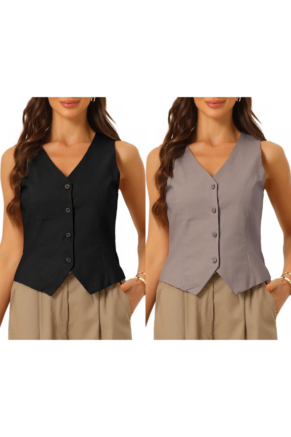 2 Packs Linen Vest Waistcoat for Women's Fashion Sleeveless Button Down V Neck Crop Top Summer Vest Large Black/Dark Grey