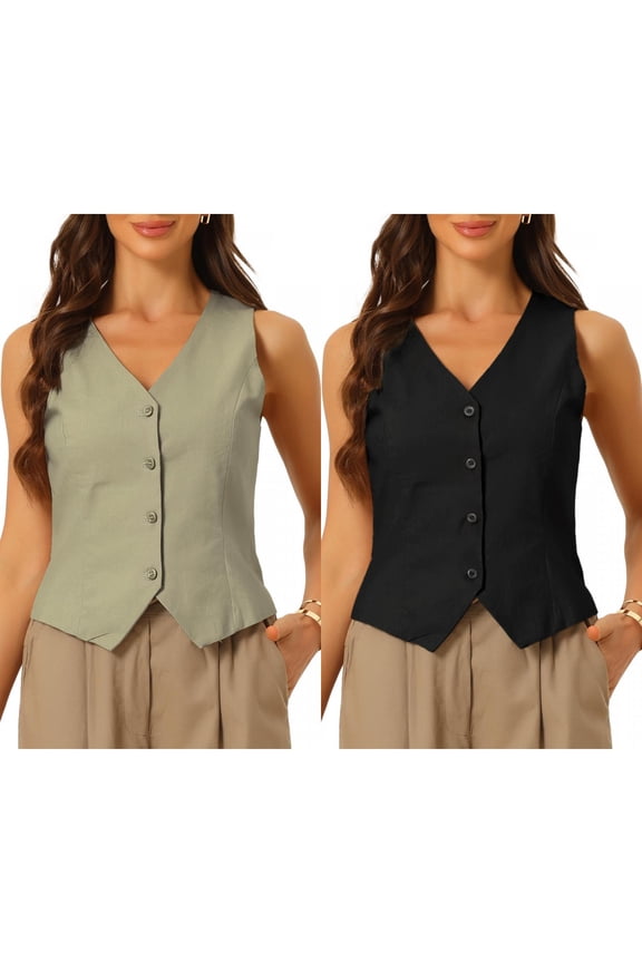 2 Packs Linen Vest Waistcoat for Women's Fashion Sleeveless Button Down V Neck Crop Top Summer Vest X-Small Black/Army Green