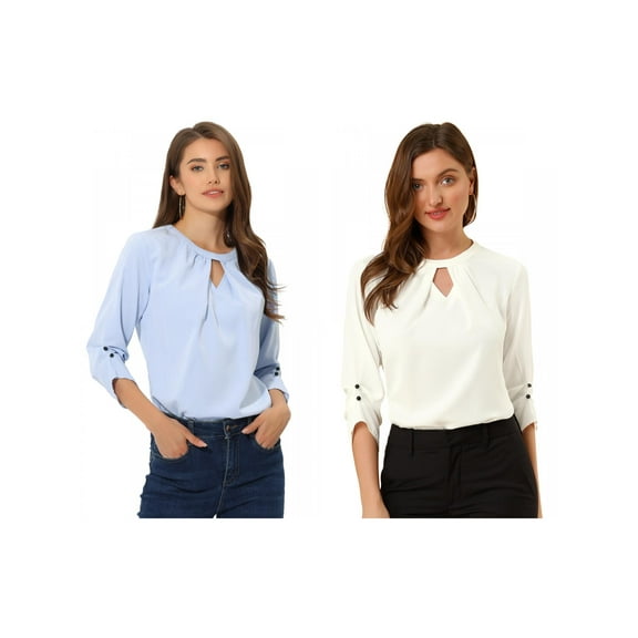 NOMADIC NOOK 2 Packs Women's Dressy Shirt Work Office Top Keyhole Pleated Front Ruched 3/4 Sleeve Chiffon Blouse Small White/Light Blue