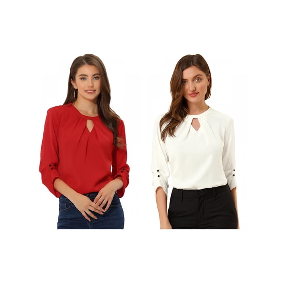 NOMADIC NOOK 2 Packs Women's Dressy Shirt Work Office Top Keyhole Pleated Front Ruched 3/4 Sleeve Chiffon Blouse Small White/Red