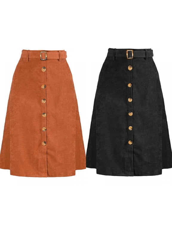 2 Packs Women's High Waist Button Front A-Line Belted Corduroy Midi Skirt X-Small Caramel Medium Caramel/Black