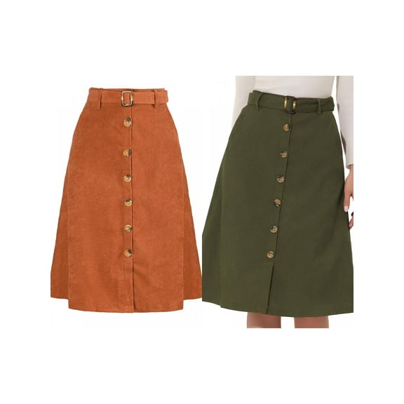 NOMADIC NOOK 2 Packs Women's High Waist Button Front A-Line Belted Corduroy Midi Skirt X-Small Caramel X-Large Caramel/Green