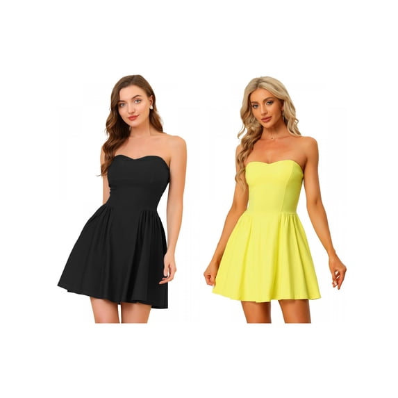 NOMADIC NOOK 2 Packs Women's Strapless Party Dress Sweetheart Neck Off Shoulder Sleeveless Mini Dress Small Black/Yellow