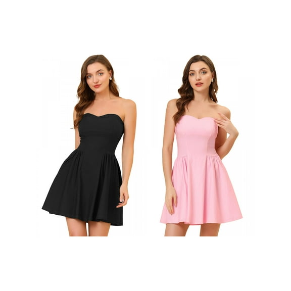 NOMADIC NOOK 2 Packs Women's Strapless Party Dress Sweetheart Neck Off Shoulder Sleeveless Mini Dress X-Small Black/Pink