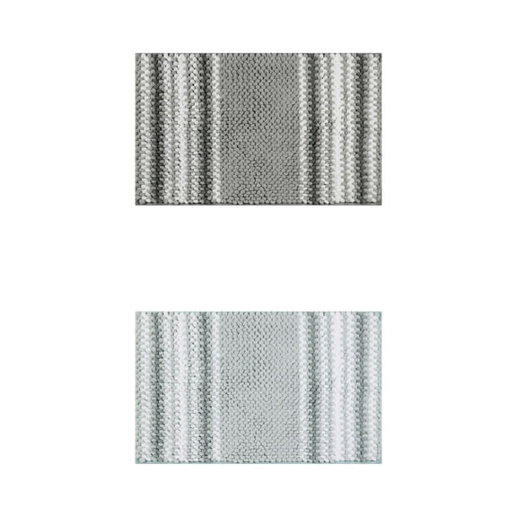 NOMADIC NOOK 2 Pcs Absorbent Fluffy Chenille Bath Mats, Striped Non Slip Bathroom Rugs Grey/Green Blue 20" x 32"
