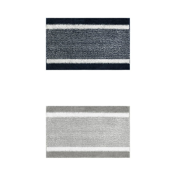 NOMADIC NOOK 2 Pcs Chenille Striped Bathroom Mats Non-Slip Soft Plush Shaggy Bath Rugs Blue/Grey 16" x 24"