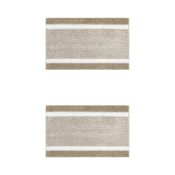 NOMADIC NOOK 2 Pcs Chenille Striped Bathroom Mats Non-Slip Soft Plush Shaggy Bath Rugs Khaki 20" x 32"