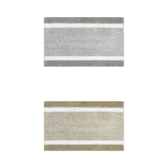 NOMADIC NOOK 2 Pcs Chenille Striped Bathroom Mats Non-Slip Soft Plush Shaggy Bath Rugs Khaki/Grey 20" x 32"