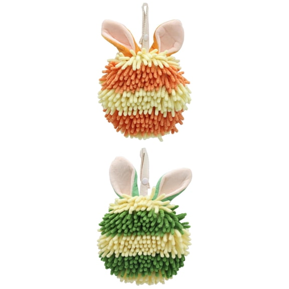 NOMADIC NOOK 2 Pcs Fluffy Chenille Ball Hand Towels with Hanging Loops Rabbit Shape Quick Drying Soft Absorbent Decorative Towel for Bathroom Kitchen Orange/Green 7" x 7"