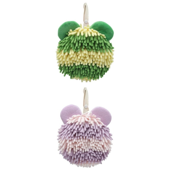 NOMADIC NOOK 2 Pcs Fuzzy Ball Bathroom Hand Towels, Soft Absorbent Chenille Hand Towel, Cute Bear Shape Decorative Hand Drying Hanging Ball Towels Green/Purple 7" x 7"