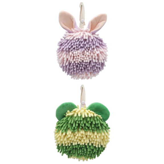 NOMADIC NOOK 2 Pcs Fuzzy Ball Bathroom Hand Towels, Soft Absorbent Chenille Hand Towel Green/Purple 7" x 7"