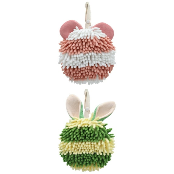 NOMADIC NOOK 2 Pcs Fuzzy Ball Bathroom Hand Towels, Soft Absorbent Chenille Hand Towel Pink/Green 7" x 7"
