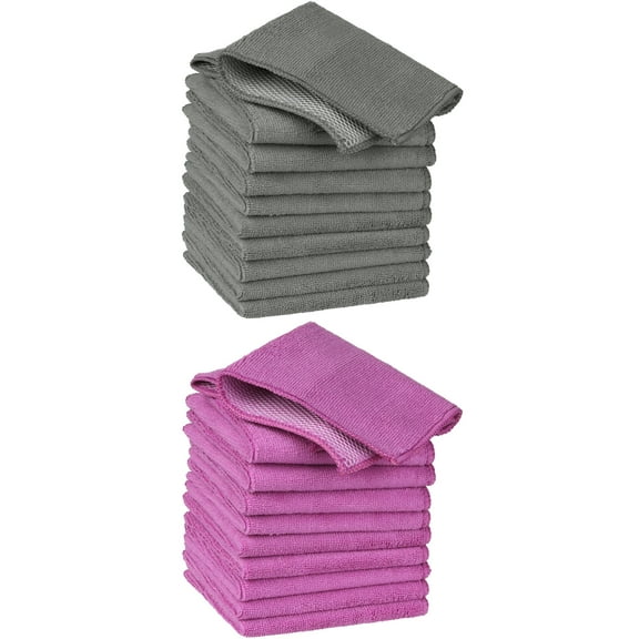 NOMADIC NOOK 20 Packs Microfiber Kitchen Dishcloth Set Absorbent Quick Dry Kitchen Dish Cloths Grey/Rose Red 12" x 12"