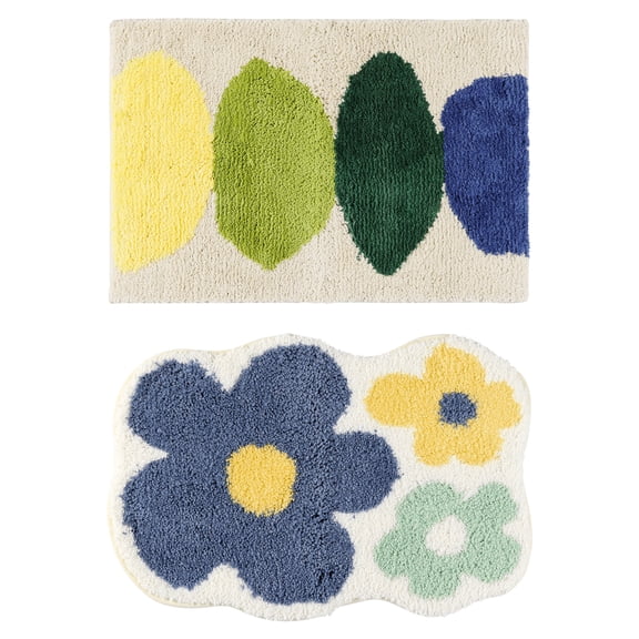 NOMADIC NOOK 2Pcs Non Slip Bath Mats Soft Absorbent Bathroom Rugs Flower/Beige 20" x 32"