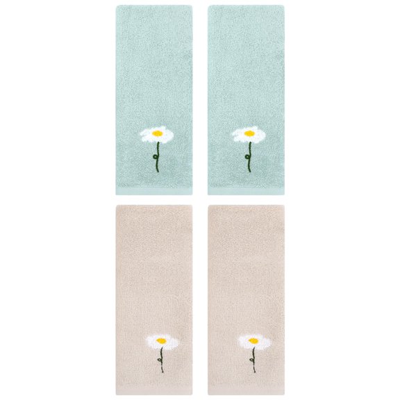 NOMADIC NOOK 4 Pack Floral Pattern Cotton Hand Towels Flower Embroidered Soft Absorbent Decorative Towel Set Light Brown/Blue 13" x 30"