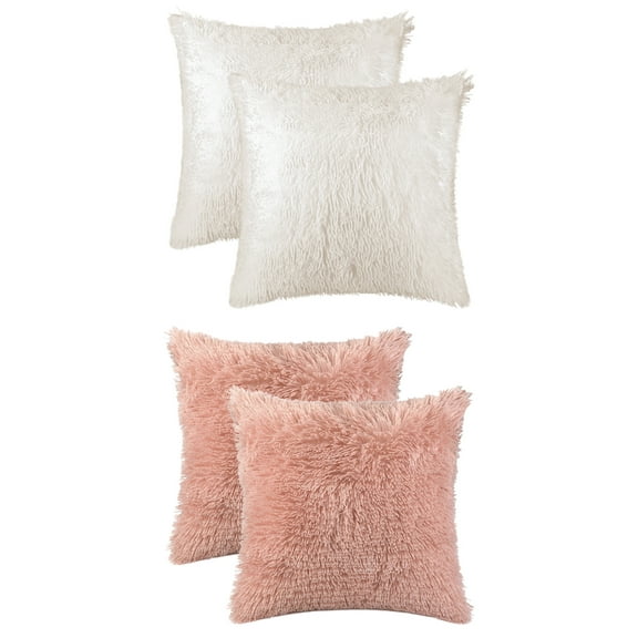 NOMADIC NOOK 4 Pcs Plush Throw Pillow Covers Soft Fluffy Cushion Covers for Sofa Pink/Beige 16" x 16"