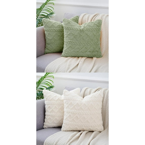 NOMADIC NOOK 4 Pcs Short Plush Throw Pillow Covers Decorative Cushion Covers for Sofa White/Light Green 20" x 20"