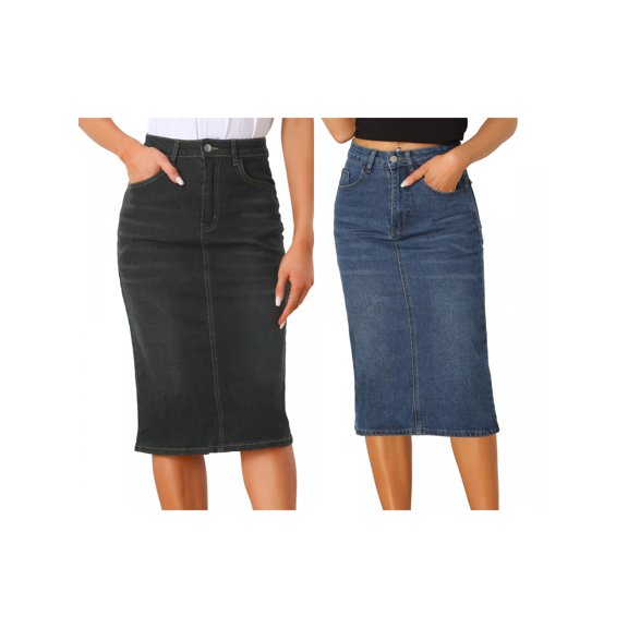 NOMADIC NOOK Casual Denim Skirt for Women's High Waist Split Back Pockets Midi Jean Skirts 2 Packs X-Large Blue/Black