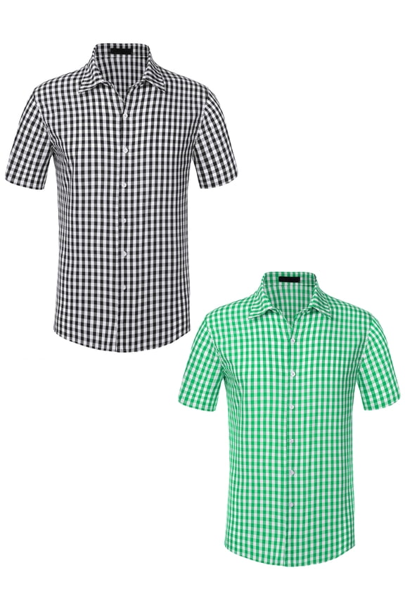 Checks Dress Shirts for Men's Short Sleeves Formal Plaid Shirt 2 Pack