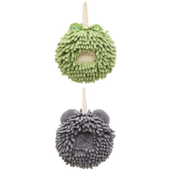 NOMADIC NOOK Chenille Fuzzy Ball Hand Towels Set of 2, Cute Decorative Hanging Hand Towel Absorbent Soft Towels for Bathroom, Kitchen Dark Grey/Green 7" x 7"