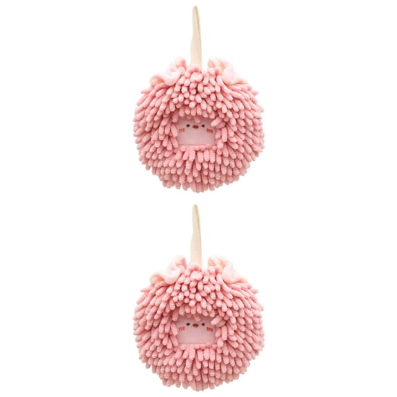 NOMADIC NOOK Chenille Fuzzy Ball Hand Towels Set of 2, Cute Decorative Hanging Hand Towel Absorbent Soft Towels for Bathroom, Kitchen Pink 7" x 7"