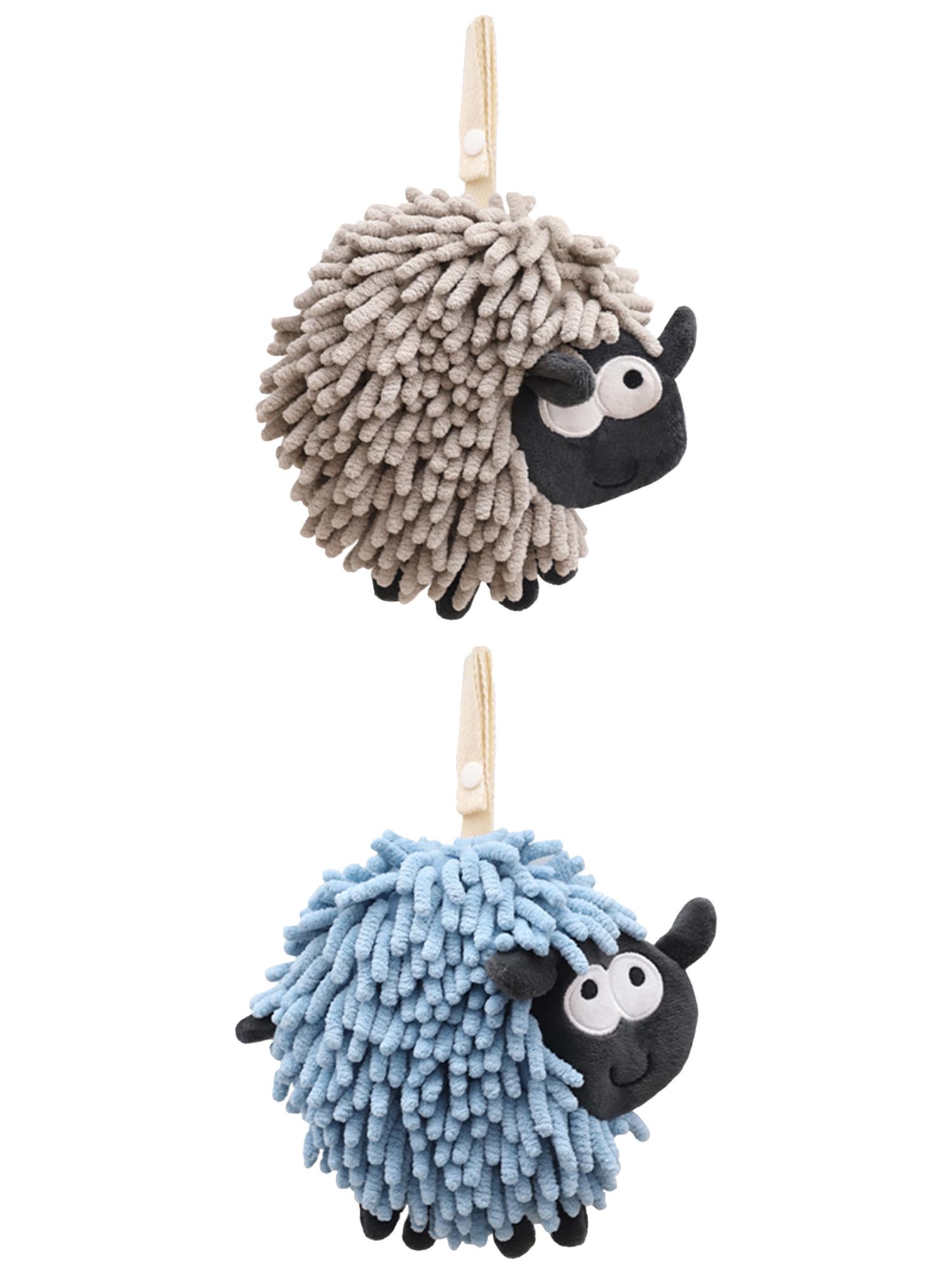 NOMADIC NOOK Chenille Hand Towels with Hanging Loop, 2 Pack Funny Bathroom Hand Towel in Sheep Shape, Absorbent Fast Drying Towels Grey/Blue 7" x 7"