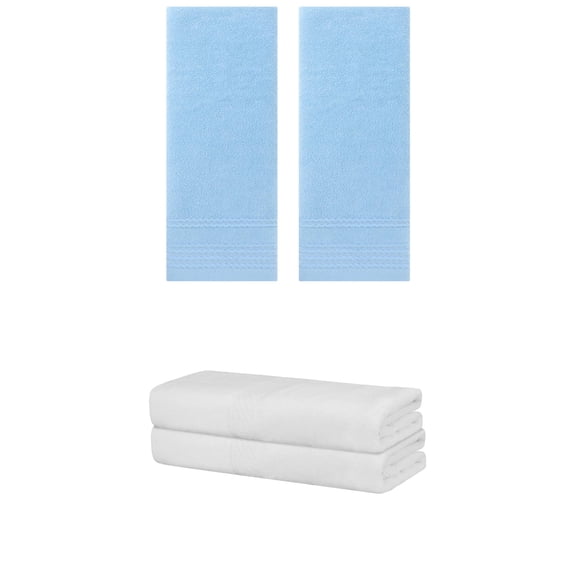 NOMADIC NOOK Cotton Towels 2 Piece Sets Absorbent Soft Bath Hand Cloths White/Blue 28" x 56"/14" x 30"