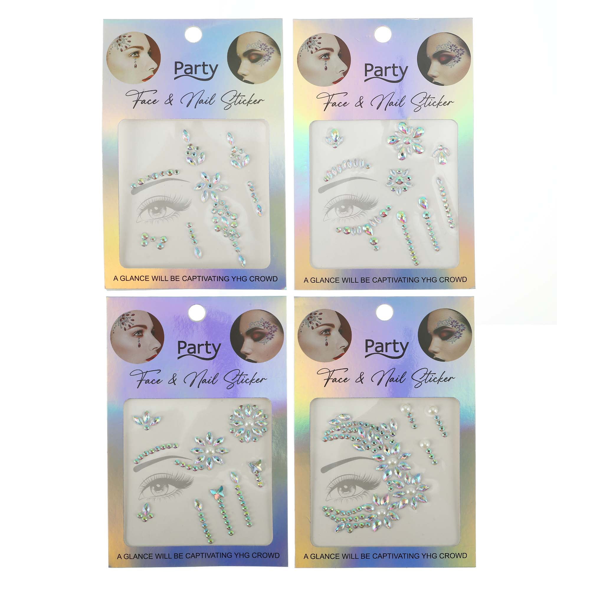 NOMADIC NOOK Eye-catching Face Rhinestone Stickers White Assorted Color 4 Pcs