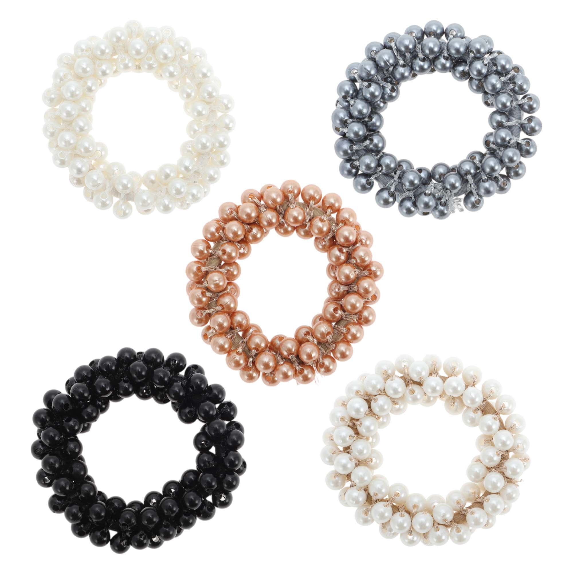 NOMADIC NOOK Fashion Faux Pearls Hair Elastic Band White Champagne Beige Black Gray 5 Pcs