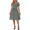 thumbnail image 1 of INSPIRE CHIC Gingham Smocked Dress for Women's Square Neck Side Slit Casual Plaid Dresses L Black, 1 of 6