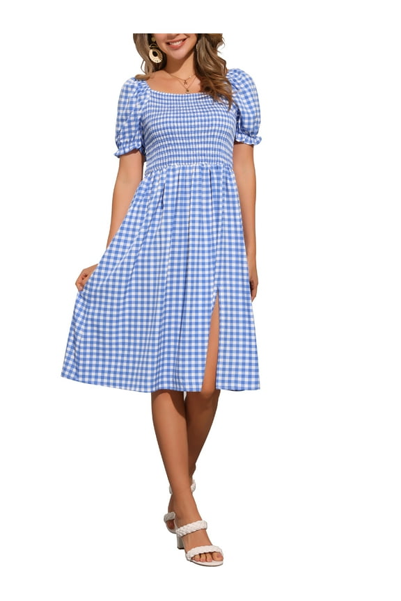 Gingham Smocked Dress for Women's Square Neck Side Slit Casual Plaid Dresses M Blue