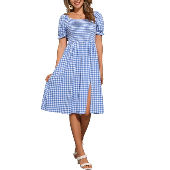 INSPIRE CHIC Gingham Smocked Dress for Women's Square Neck Side Slit Casual Plaid Dresses S Blue