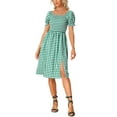 thumbnail image 1 of INSPIRE CHIC Gingham Smocked Dress for Women's Square Neck Side Slit Casual Plaid Dresses S Green, 1 of 6