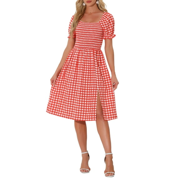 INSPIRE CHIC Gingham Smocked Dress for Women's Square Neck Side Slit Casual Plaid Dresses XL Red