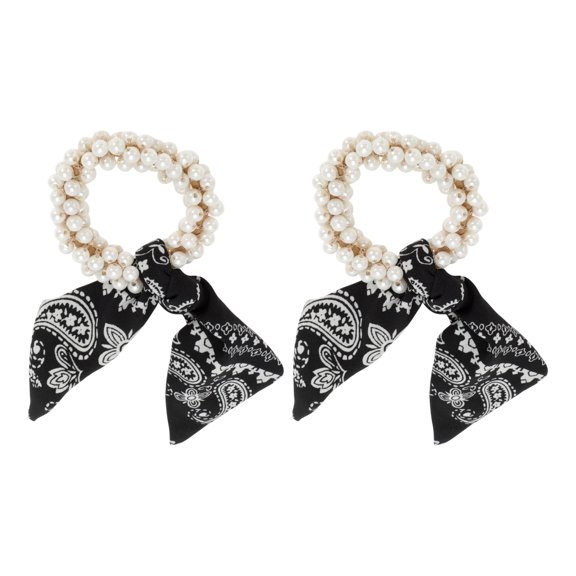 NOMADIC NOOK Grace Flower Pearl Ribbon Bow Hair Elastic Band 2 Pcs Black White