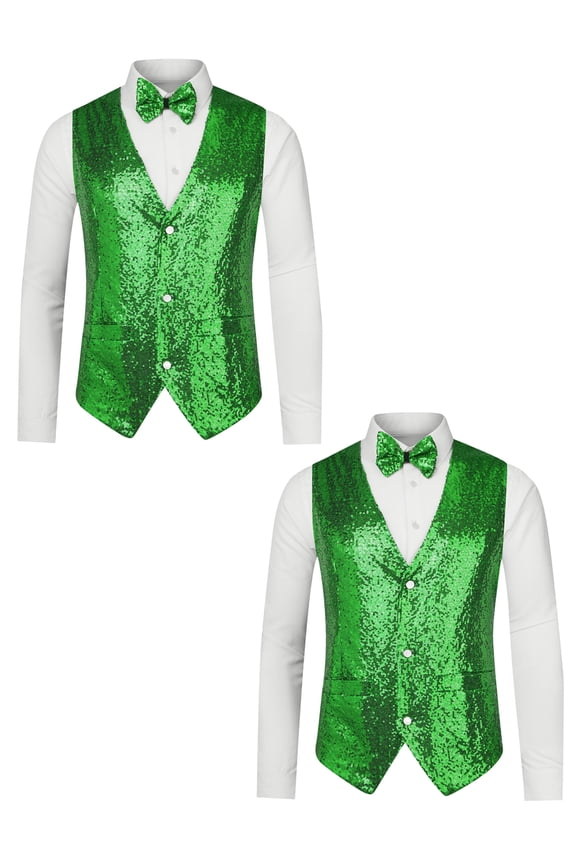 Men's Disco Shiny Sequin Sleeveless Suit Waistcoat Set with Bow Tie 2 Packs