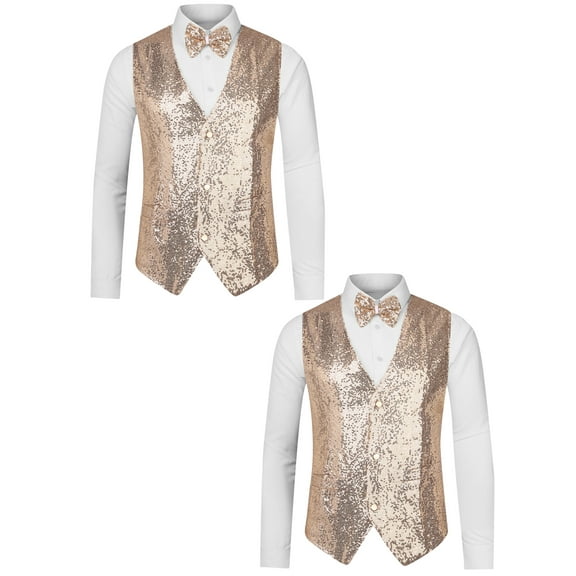 NOMADIC NOOK Men's Disco Shiny Sequin Sleeveless Suit Waistcoat Set with Bow Tie 2 Packs