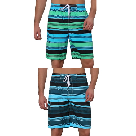 NOMADIC NOOK Men's Drawstring Stripes Color Block Beach Board Shorts 2 Pack