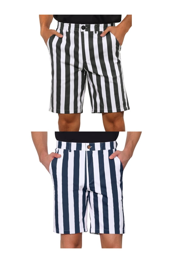 Men's Flat Front Summer Chino Striped Dress Shorts 2 Packs
