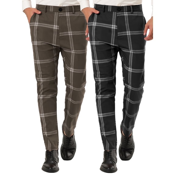 NOMADIC NOOK Men's Flat Front Zipper Checked Printed Business Trousers 2 Pack