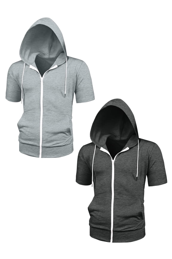 Men's Full Zip Regular Fit Solid Short Sleeves Hoodies Sweatshirt 2 Pack