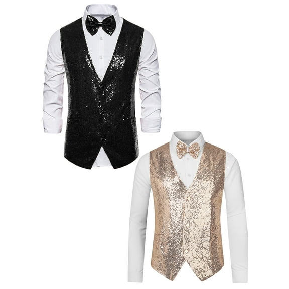 NOMADIC NOOK Men's Glitter Sequin Sleeveless Suit Vest Set with Bow Tie 2 Packs
