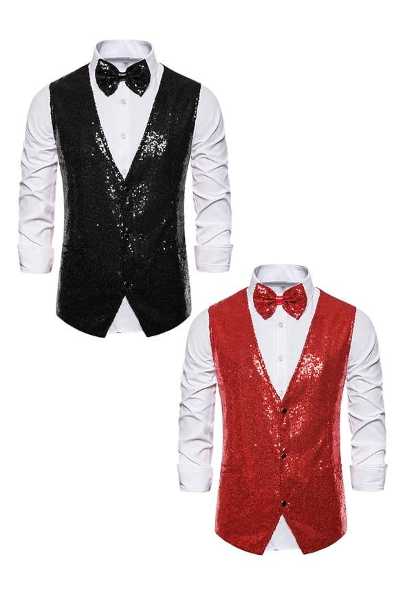 Men's Glitter Sequin Sleeveless Suit Vest Set with Bow Tie 2 Packs